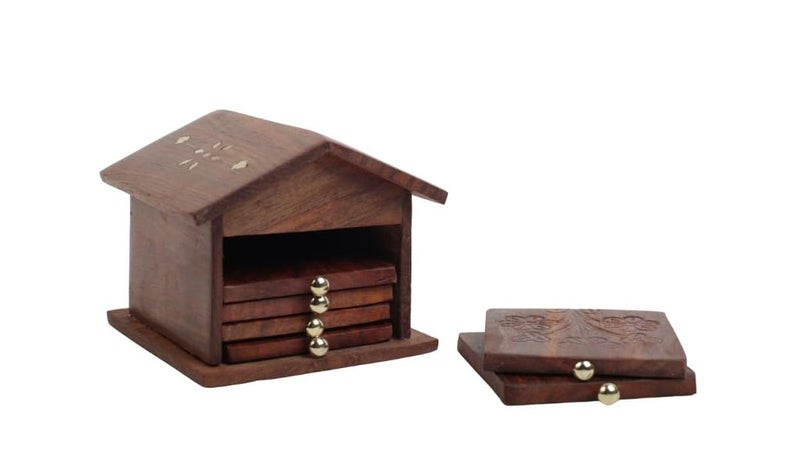 INUS Antique HUT Design Coasters Set of 6 for Tea Cups Coffee Mugs Beer Cans and Water Glasses (Authentic Handmade) - Sheesham Wood - Image 3