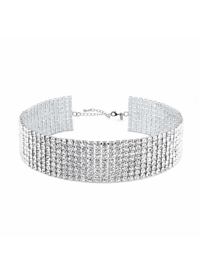 Zealmer Wide Fake Diamond Choker 8 Row White Gold Plated, Rhinestone - Image 1