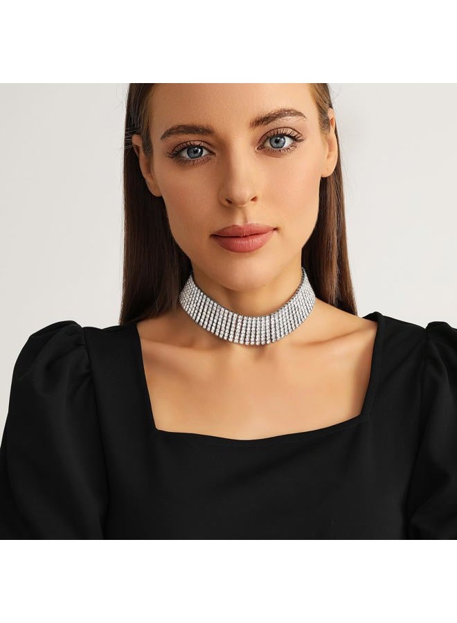 Zealmer Wide Fake Diamond Choker 8 Row White Gold Plated, Rhinestone - Image 4