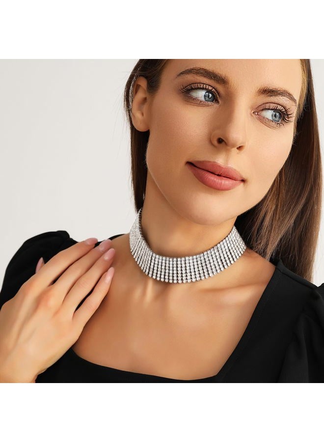 Zealmer Wide Fake Diamond Choker 8 Row White Gold Plated, Rhinestone - Image 3
