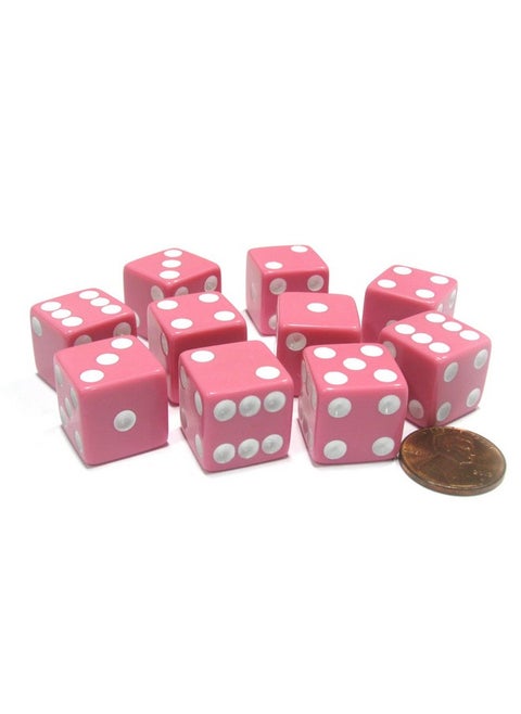Koplow Games Set of 10 Six Sided Square Opaque 16mm D6 Dice - Pink with White Pip Die