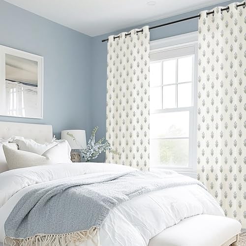 Lino Rosa Sheer Curtains 96 Inches Long 2 Panels Set for Sliding Glass Doors,Dusty Baby Blue Linen Floral Country Leaf Curtains for Bedroom Living Room Livingroom - Image 4