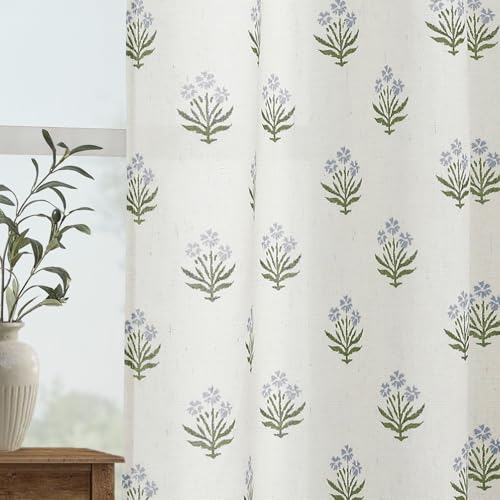 Lino Rosa Sheer Curtains 96 Inches Long 2 Panels Set for Sliding Glass Doors,Dusty Baby Blue Linen Floral Country Leaf Curtains for Bedroom Living Room Livingroom - Image 3