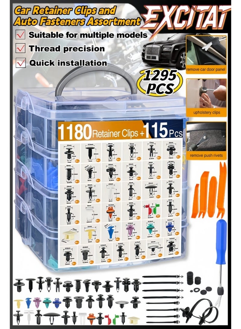 excitat 1295 Pcs Car Retainer Clips & Fasteners Kit, 37 Universal Sizes Nylon Bumper, Fender Rivets, Door Panel Clips, accesorios para carro, Sturdy And Durable Nylon Material, and Plastic Rivets with 10 Cable Ties and Removal Tool for Ford, GM, Honda, Toyota, Chrysler, Nissan, Mazda, Hyundai - Image 1
