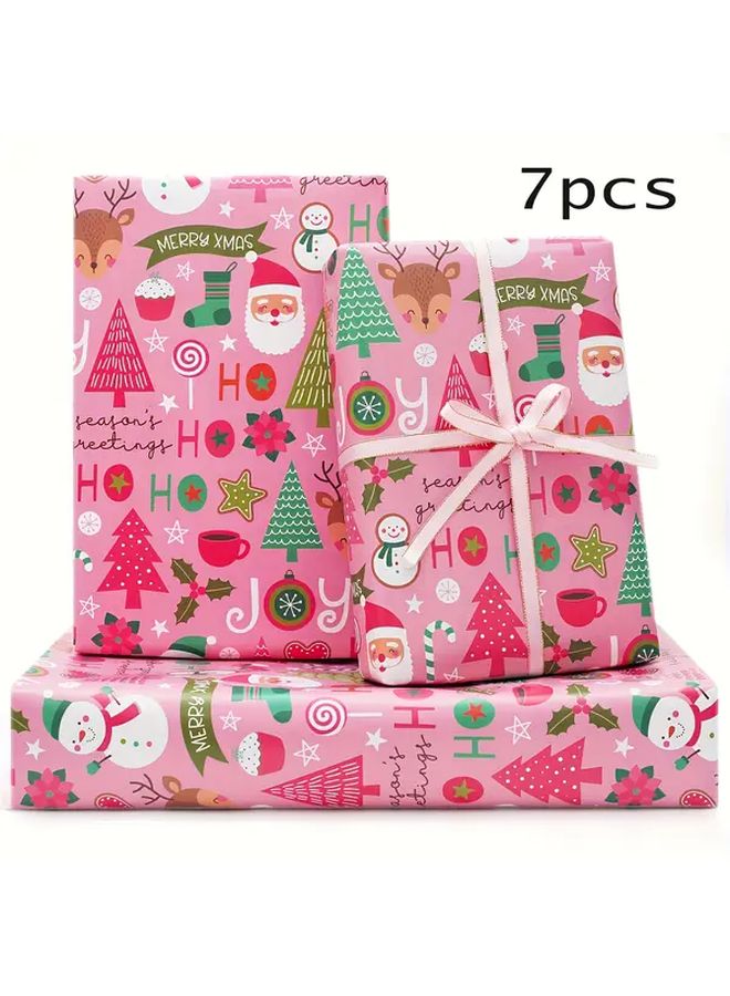 7pcs Pink Christmas Wrapping Paper with Ribbon Santa Claus Snowman Holiday Gift - Image 1