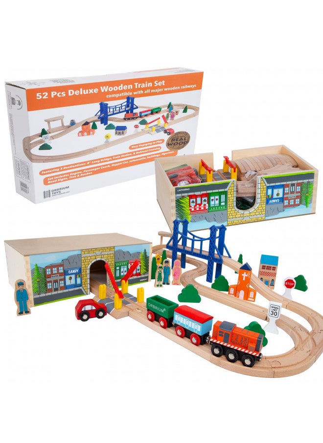 Orbrium Toys 52 Pieces Deluxe Wooden Train Set With Dual-Use Storage Box/Tunnel Compatible With Thomas Wooden Railway, Brio, Chugging Ton  - Image 1