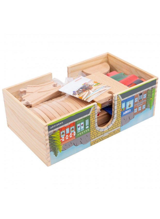 Orbrium Toys 52 Pieces Deluxe Wooden Train Set With Dual-Use Storage Box/Tunnel Compatible With Thomas Wooden Railway, Brio, Chugging Ton  - Image 4