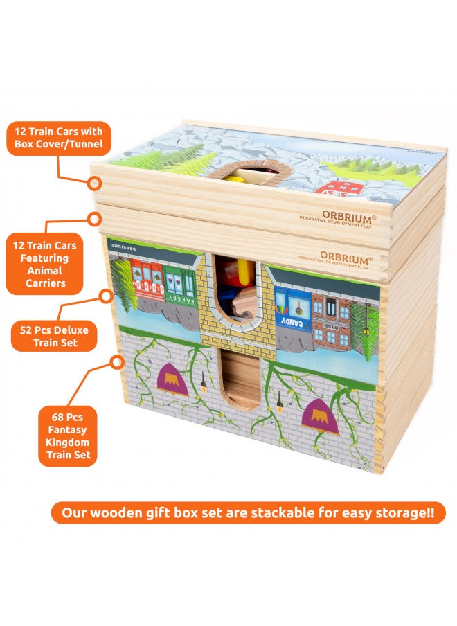 Orbrium Toys 52 Pieces Deluxe Wooden Train Set With Dual-Use Storage Box/Tunnel Compatible With Thomas Wooden Railway, Brio, Chugging Ton  - Image 5