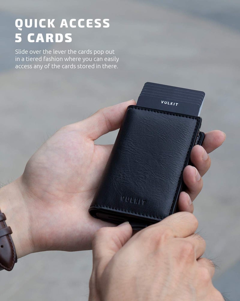 VULKIT Card Holder Pop Up Slim Wallet Leather RFID Blocking Card Case Up to 8 Credit Cards Black - Image 2
