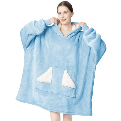 Touchat Wearable Blanket Hoodie Oversized Sherpa Blanket Sweatshirt with Hood Pocket and Sleeves Gifts Hooded Blanket for Adult Women Men DustyBlue