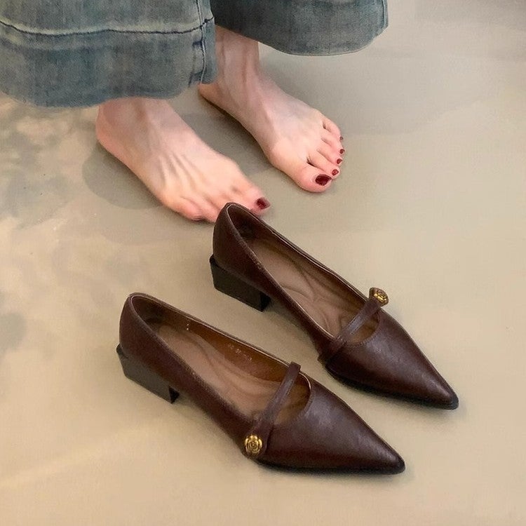 Soft Leather Version ~ Retro Shallow Mouth High Heels Women'S Camellia Buckle Thick Heel Single Shoes Pointed Elegant Mary Jane Shoes - Image 2