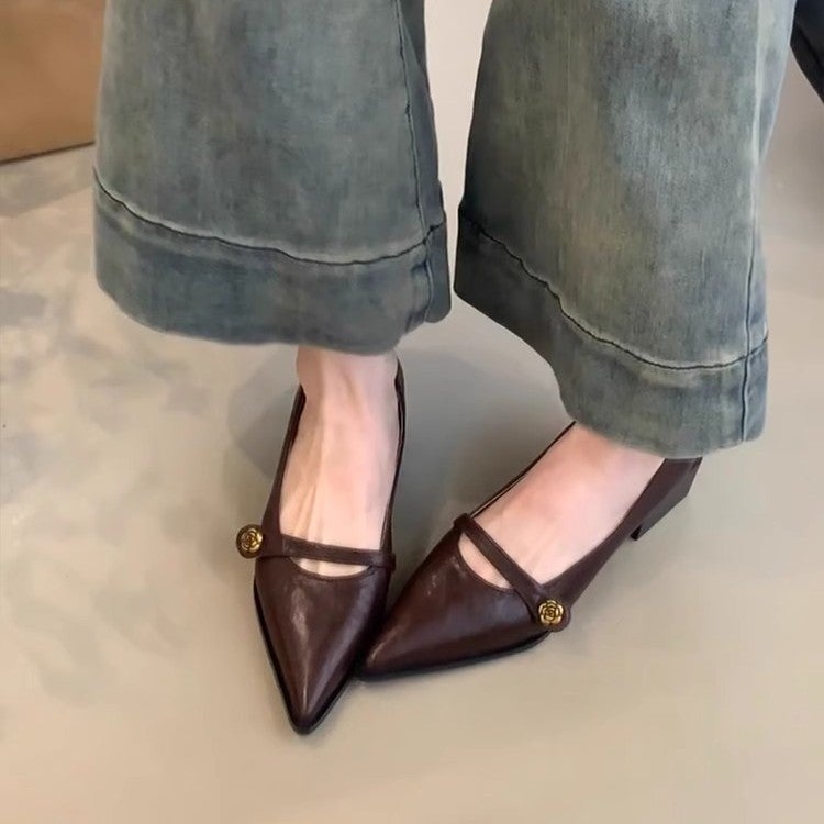 Soft Leather Version ~ Retro Shallow Mouth High Heels Women'S Camellia Buckle Thick Heel Single Shoes Pointed Elegant Mary Jane Shoes - Image 4