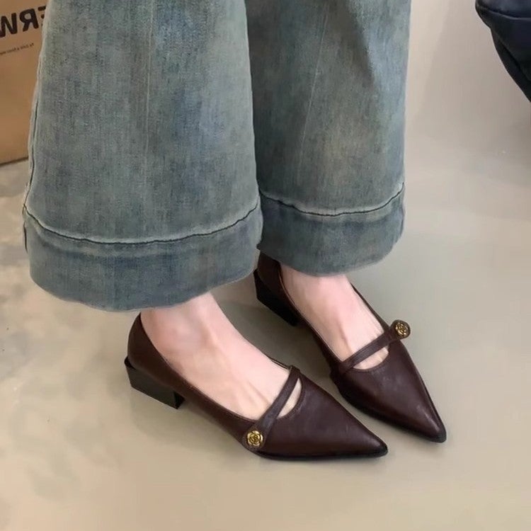 Soft Leather Version ~ Retro Shallow Mouth High Heels Women'S Camellia Buckle Thick Heel Single Shoes Pointed Elegant Mary Jane Shoes - Image 3