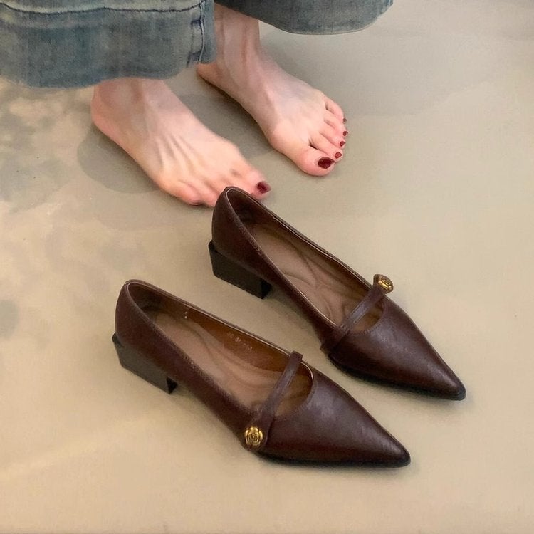 Soft Leather Version ~ Retro Shallow Mouth High Heels Women'S Camellia Buckle Thick Heel Single Shoes Pointed Elegant Mary Jane Shoes - Image 1