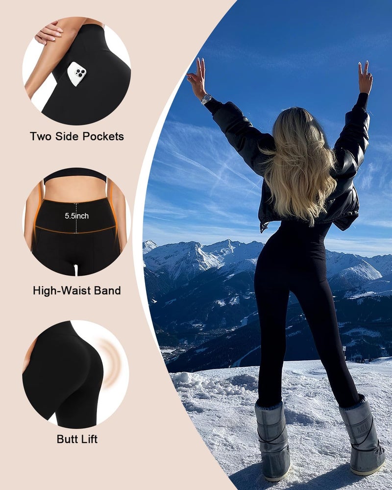 CTHH 2 Pack Fleece Lined Leggings Women with Pockets - High Waisted Soft Winter Thermal Warm Tummy Control Yoga Pants (Black,Black,Large-X-Large) - Image 5