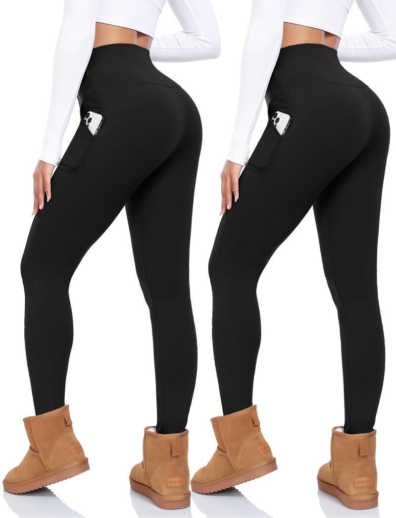 CTHH 2 Pack Fleece Lined Leggings Women with Pockets - High Waisted Soft Winter Thermal Warm Tummy Control Yoga Pants (Black,Black,Large-X-Large) - Image 1