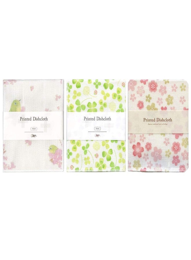 Nawrap Printed Dishcloths Set of 3, Japanese White-Eye + Clover + Flower - Image 1