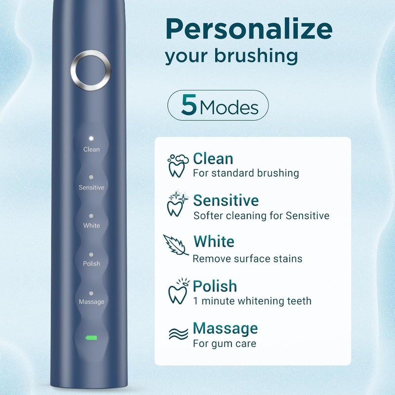 Fronix Electric Toothbrush for Adults with 8 Brush Heads, Sonic Toothbrush Rechargeable with a Holder & Travel Case, 2.5 Hours Charge for 120 Days Use - Blue - Image 3