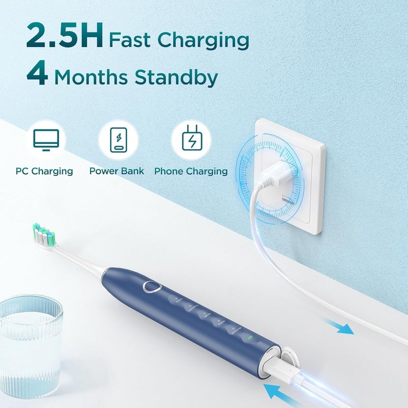 Fronix Electric Toothbrush for Adults with 8 Brush Heads, Sonic Toothbrush Rechargeable with a Holder & Travel Case, 2.5 Hours Charge for 120 Days Use - Blue - Image 4
