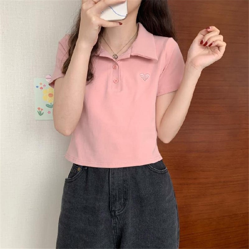 Sweetheart Off-Shoulder Polo Shirt, 2024 Summer Crop Top Tee for Women Rose Red  - Image 3
