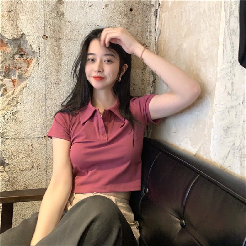 Sweetheart Off-Shoulder Polo Shirt, 2024 Summer Crop Top Tee for Women Rose Red  - Image 1