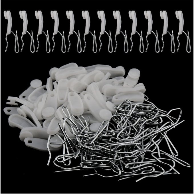50PCS CURTAIN RAIL SLIDE PLASTIC SNAPIN TRAVERSING ROD SLIDES AND 50PCS LIVING ROOM BEDROOM WINDOW CURTAIN HANGING HOOK DRAPERY PIN HOOKS