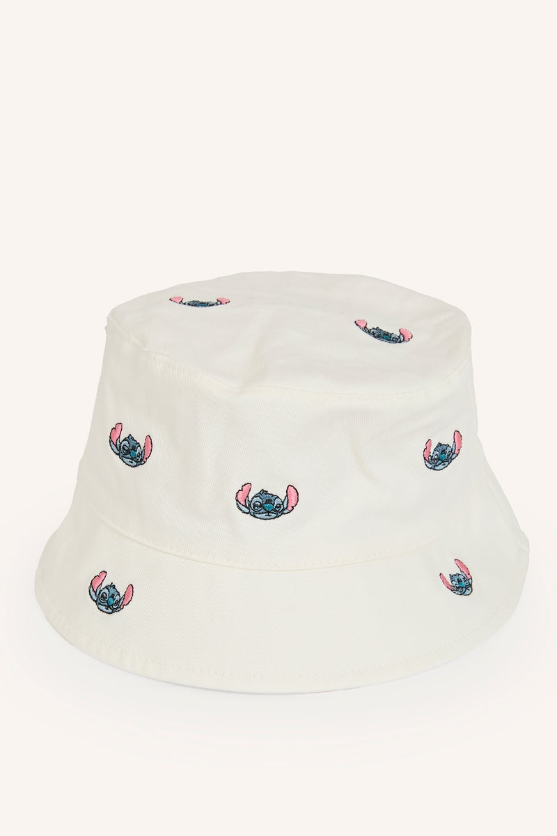 DeFacto White Girl Girl Disney Lilo & Stitch Embroidered Cotton Bucket Hat Casual - Image 3