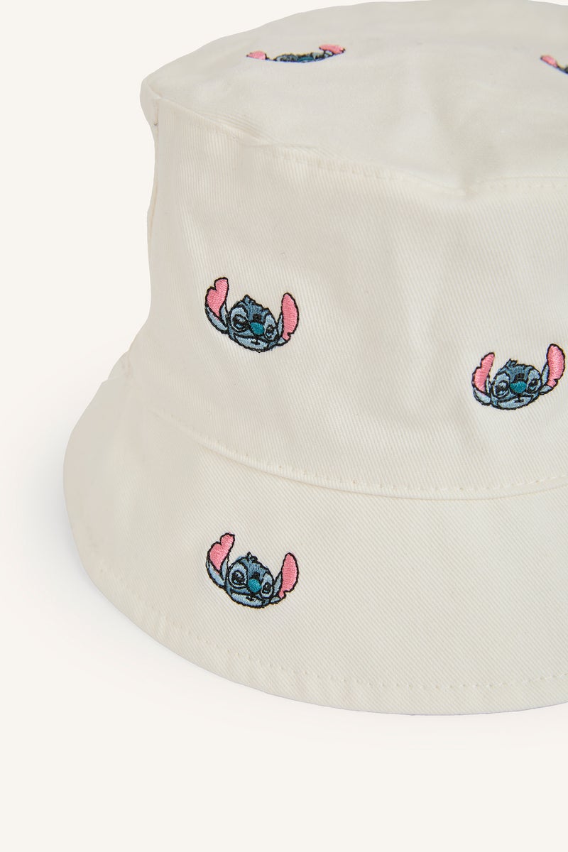 DeFacto White Girl Girl Disney Lilo & Stitch Embroidered Cotton Bucket Hat Casual - Image 2