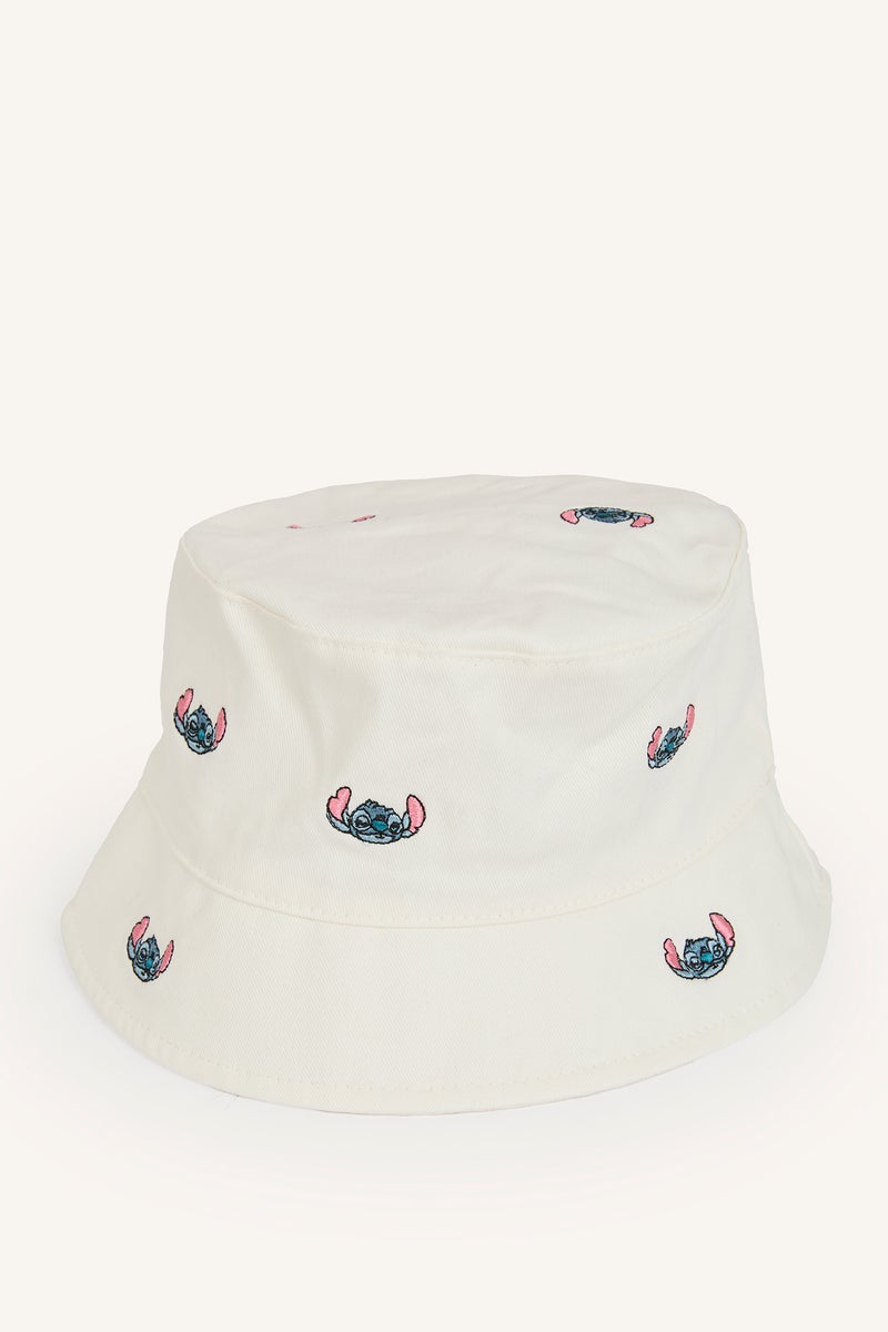 DeFacto White Girl Girl Disney Lilo & Stitch Embroidered Cotton Bucket Hat Casual - Image 1