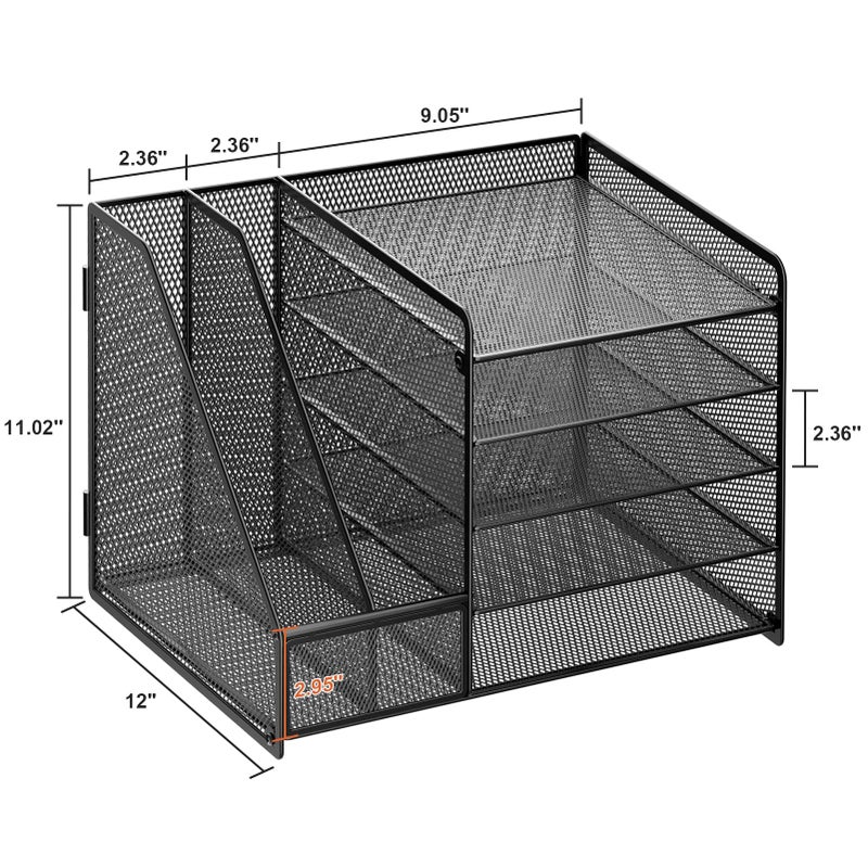 Marbrasse Desk Organizer with File Holder, 5-Tier Paper Letter Tray Organizer, Mesh Desk Organizers and Accessories with Magazine Holder, Desktop Storage for Office Supplies (Black) - Image 5