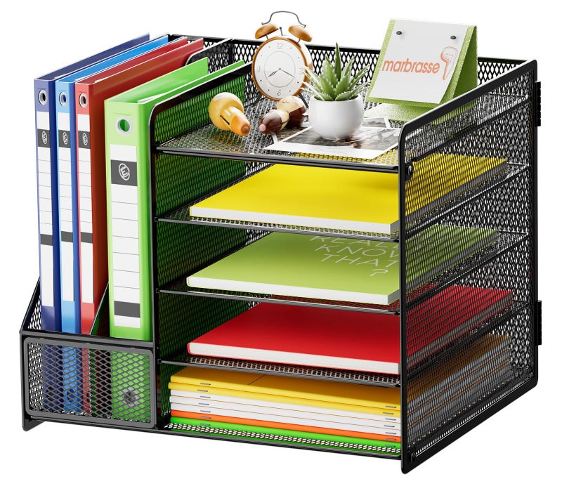 Marbrasse Desk Organizer with File Holder, 5-Tier Paper Letter Tray Organizer, Mesh Desk Organizers and Accessories with Magazine Holder, Desktop Storage for Office Supplies (Black) - Image 1