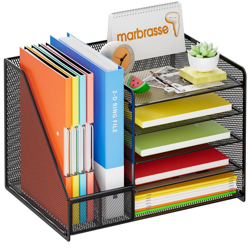 Marbrasse Desk Organizer with File Holder, 5-Tier Paper Letter Tray Organizer, Mesh Desk Organizers and Accessories with Magazine Holder, Desktop Storage for Office Supplies (Black) - Image 2