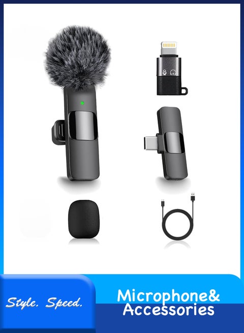 Wireless Lavalier Microphone, 1 Clip-on Mic with Type-C & Lightning Adapter, Noise Cancelling Mic for iPhone, Android, Computer, Vlog, TikTok, Zoom, 1 Windshield Included
