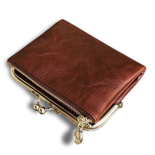 AOXONEL Womens Wallet Small Rfid Ladies Compact Bifold Leather Vintage Coin Purse With Zipper and Kiss Lock (Brown) - Image 1