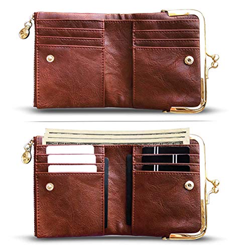 AOXONEL Womens Wallet Small Rfid Ladies Compact Bifold Leather Vintage Coin Purse With Zipper and Kiss Lock (Brown) - Image 2