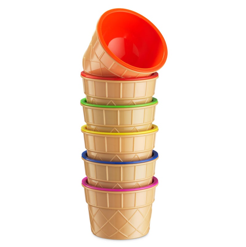 JoyServe Ice Cream Bowls and Spoons Set - (Pack of 6) Reusable Plastic Ice Cream Cups and Waffle Cone Shaped Spoons for Dessert, Frozen Yogurt, Gelato, Birthday Party Decorations - Image 5