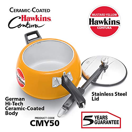 Hawkins Ceramic- Coated Contura 5L Mustard Yellow Aluminium Inner Lid Pressure Cooker - Image 2