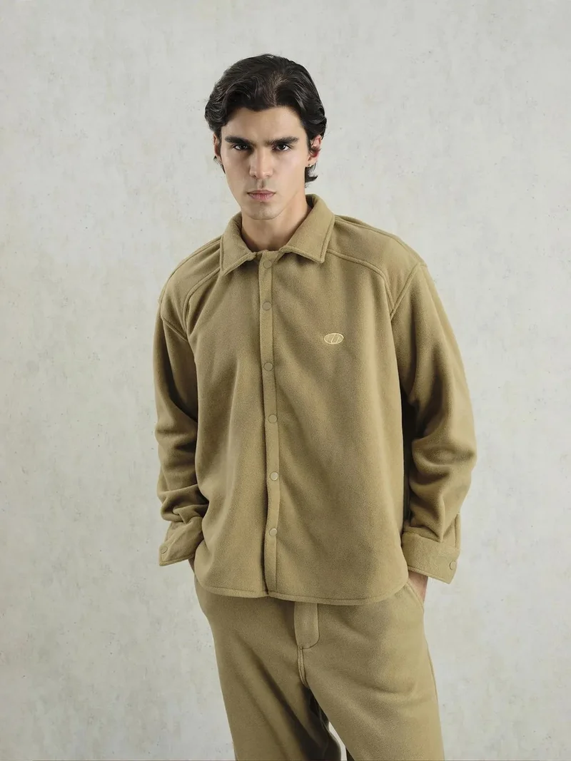 Giesto Tan Natural GIESTO Plush Oversized Snap-Button Shirt for Men | Best Price UAE