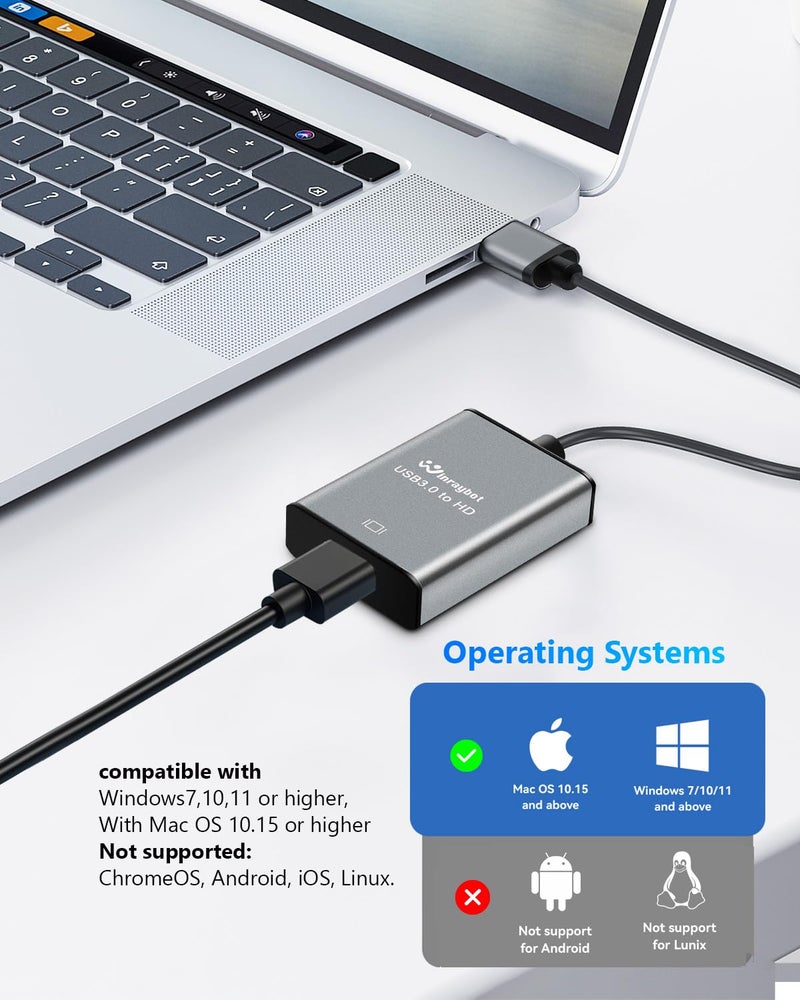 WinRaybot USB to HDMI Adapter for Laptop,USB hub,USB A 3.0 to HDMI Display Expander (USB 3.0-Silver) - Image 3