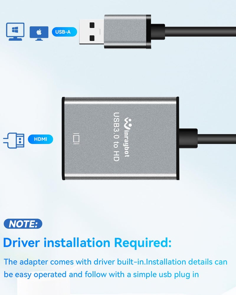 WinRaybot USB to HDMI Adapter for Laptop,USB hub,USB A 3.0 to HDMI Display Expander (USB 3.0-Silver) - Image 5