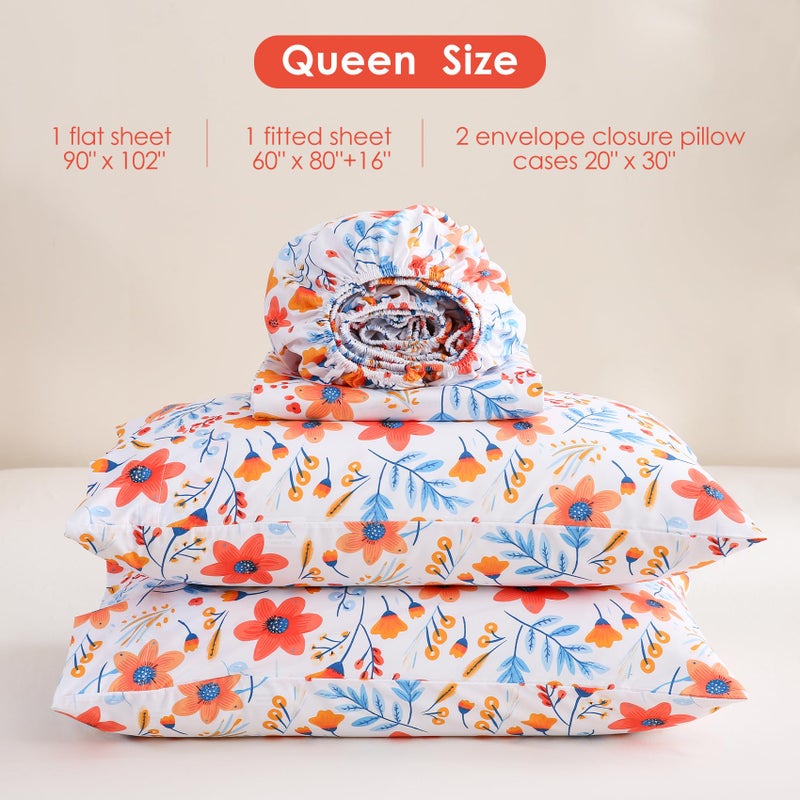 JSD Blue Watercolor Floral Sheet Set Queen Size  4 Piece Printed Microfiber Bed Sheets Deep Pocket - Image 2