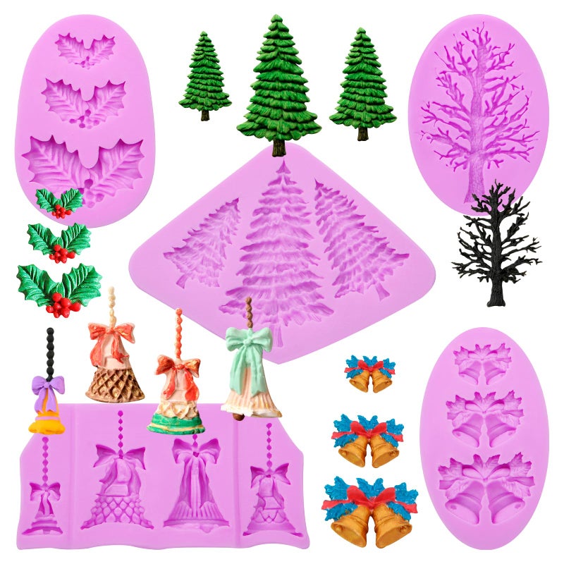 acvcatto Pine Tree Silicone Mold  Christmas Bells Fondant Molds  Holly Leaves Chocolate Baking Mold for Christmas Theme Cake Decoration Cupcake Topper Candy Sugar Craft Gum Paste Clay Resin - Image 1
