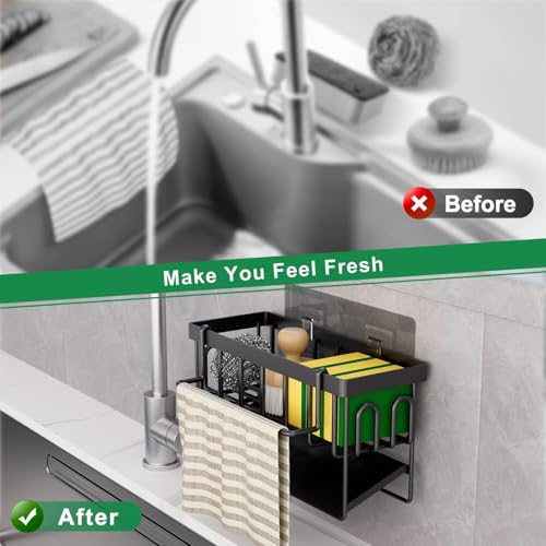 PEGACORN Sink Caddy Sponge Holder With Hook for Rag and Self Drain Tray, Rustproof Kitchen Organizer, Soap Dispenser Storage Accessories (With Napkin Holder) - Image 4