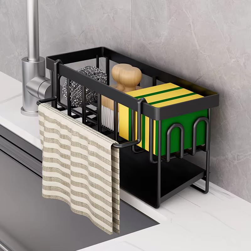 PEGACORN Sink Caddy Sponge Holder With Hook for Rag and Self Drain Tray, Rustproof Kitchen Organizer, Soap Dispenser Storage Accessories (With Napkin Holder) - Image 1