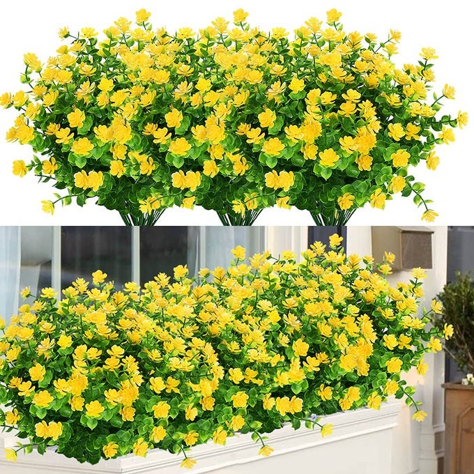 12 Bundles Outdoor Artificial Flowers UV Resistant Fake Boxwood Plants Faux Greenery for Indoor Outside Hanging Plants Garden Porch Window Box Home Wedding Farmhouse Dcor Yellow