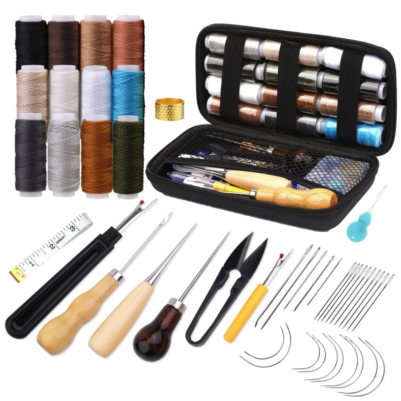NAMOON Leather Sewing Kit Upholstery Repair Kit 48pcs Heavy Duty Sewing Kit with Stitching Needles Sewing Awl Seam Ripper Sewing Thread for Repair Hand Sewing DIY Leather Crafting