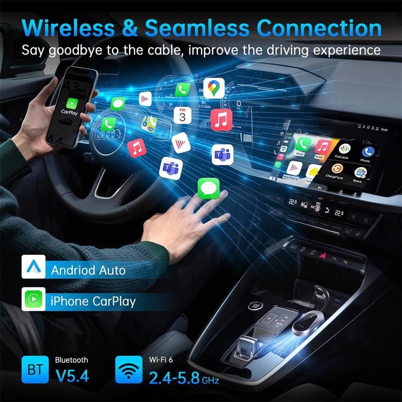Luckam محول وايرلس 2 في 1 لسيارات كار بلاي وأندرويد أوتو، واي فاي مزدوج النطاق 5GHz وبلوتوث، متوافق مع أكثر من 1000 طراز سيارة (2016+)، توصيل وتشغيل لتجربة سلسة مع كار بلاي وأندرويد أوتو. - Image 2