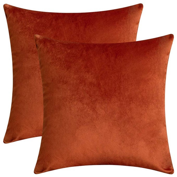 SET OF 2 COMFORTABLE VELVET THROW PILLOW CASES DECORATIVE SOLID CUSHION COVERS FOR SOFA COUCH AND BED 18X18 RUST