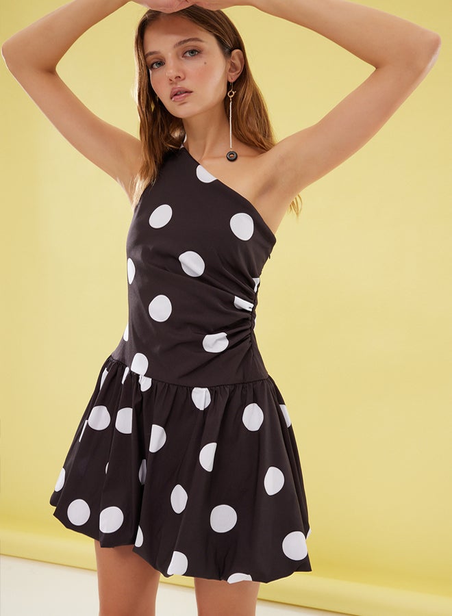 trendyol Black-White Polka Dot Poplin Woven Wedding/Wedding Stylish Evening Dress - Image 1