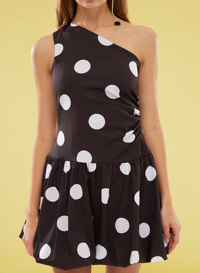 trendyol Black-White Polka Dot Poplin Woven Wedding/Wedding Stylish Evening Dress - Image 3